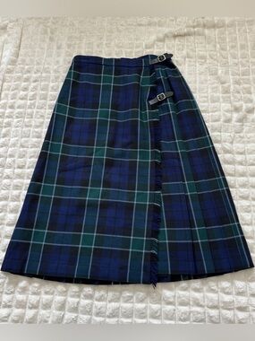 Vintage Brooks Brothers 12 Wool Blue Green Tartan Plaid Pleated Midi Kilt Skirt